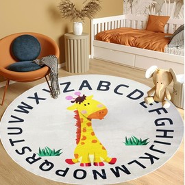 Apioiqa Giraffe Round ABC Kids Rug Circle Alphabet Animal Nursery Rug Large Giraffe Crawling Play Mat S(4ft, Cream)