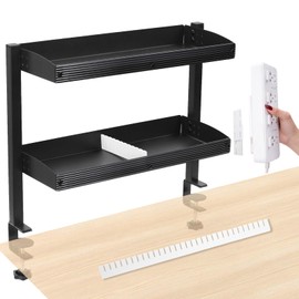 HOSASSPER Clamp on Desk Shelf Organizer, 2-Tier Above or Under Desk Clamping Storage on Shelves, Clip on Table Shelf with Socket Fixer & White Drawer Dividers for Home Office, PC Desk Accessories