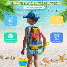 UNIH Collapsible Beach Toys for Kids,Sandbox Toys with Beach Buckets,Mesh Bags,Sand Molds,Sand and Water Wheel Tower,Beach Sand Toys for Toddlers Kids Ages 3-10