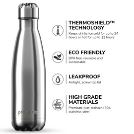 Proworks Edelstahl Trinkflasche | 24 Std. Kalt und 12 Std. Heiß - Premium Vakuum Wasserflasche - Perfekte Isolierflasche für Sport, Laufen, Fahrrad, Yoga, Wandern und Camping - 1 Liter - Silber