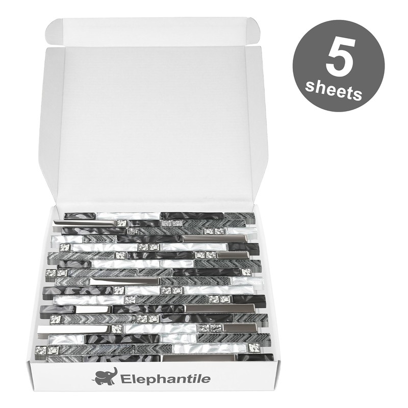Elephantile Black & White Glass Linear Tile for Kitchen Backsplash
