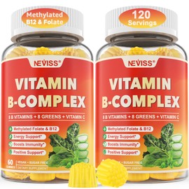 NEVISS Vitamin B Complex with B1, B2, B3, B5, B6, B7, B9, B12, C, Zinc & Organic Greens Blend - Methylated B Complex Gummies Supplements for Energy, Immune Support and Focus -Sugar Free, 2-Pack