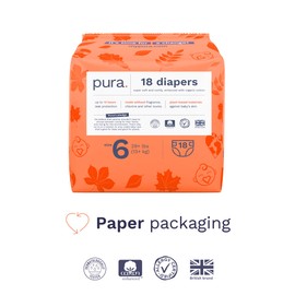 Pura Size 6 Eco-Friendly Diapers (29+ lbs) Hypoallergenic, Soft Organic Cotton, Sustainable, up to 12 Hours Leak Protection, Allergy UK, Recyclable Paper Packaging, 18 Count (Pack of 3) (54 Diapers)