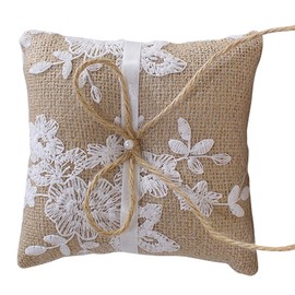 Yuehuam Hessian Burlap Ring Bearer Pillows Jute Twine Bridal Wedding Ceremony Pocket Ring Cushion with Ribbon Lace Flower Decorated Ring Bearer Cushion Wedding Accessories 15 * 15cm