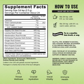 Vocal Eze Herbal Throat Coat Tea | 24 Servings | 9 Botanical Voice Soothing Ingredients | Ginger Flavor with Slippery Elm, and Propolis Powder Blend | Voice, Cough and Respiratory Support | 60 g