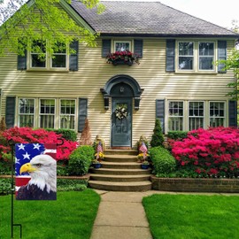 TOPFLAGS Garden Flag Stand with American Garden Flags Patriotic Stars and Eagle Yard Flag 12x18 Inch Holder Pole Stake Double Side for Outside with Clips and Stopper for Memorial Day 4 th of July