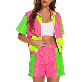 Women's Color Block Windbreaker 2 Piece Outfits Short Sleeve Zip Front Elastic Waist Tracksuit Set, Pink, X-Large