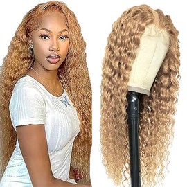 Tuheerst Blonde Human Hair Wig, Water Wave Real Hair Wig, Women's 4x4#27 Swiss Lace Brazilian Real Hair, Remy Hair, Pre-Plucked, Natural Hairline with Baby Hair, 28 Inches (71 cm)