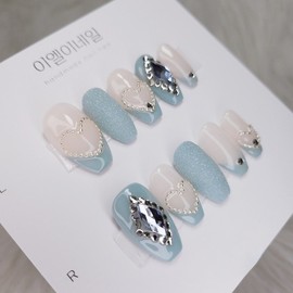 Sky Blue Lovely Chain Heart Handmade Nail Tips - Short Round / 스카이블루 러블리체인하트수제네일팁 - 숏라운드