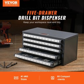 Five-Drawer Steel Drill Bit Dispenser Cabinet Organizer with #1 to #60 Labels Stackable Storage-Friendly Model D0100HADSG7number of drawers: 5 Drawers, size: Size #1 to #60