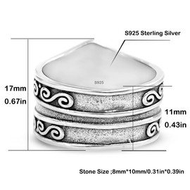 DALEGEM Oval Genuine Epidote Quartz Stone Ring,S925 Sterling Silver Vintage Natural Real Quartz Crystal Gemstone Boho Bohemian Chunky Wide Band Ring (A05_Epidote Quartz, 6)