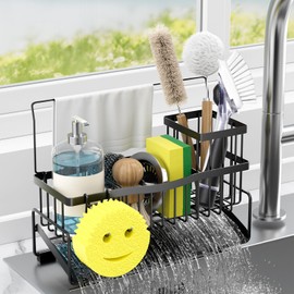 Adurei Kitchen Sink Caddy Sponge Holder for Kitchen Sink SUS304 Stainless Steel Rack with High Brush Holder Sponge Hook Towel Holder and Divider Gadgets Organizer for Counter