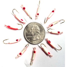 Catchmore Jon's Ice Jigs - Slim Rocker Style - 12 Pack - Size 8 Hook - Pearl Glow/Orange Color - #JIJ181