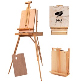 DJAR French Easel with Shoulder Strap, Adjustable Beech Wood Art Easel with Drawer, Palette, Level Instrument & Scale Leg, Studio Tabletop Floor Easel for Artists, Hold Canvas up to 34", Natural