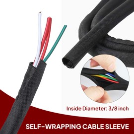 Black Braided Cable Management Sleeves Wire Loom Tubing Cord Protector Self-Wrapping (3/8"-20Feet)