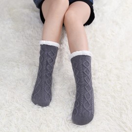 LINEMIN Womens Slipper Socks Winter Warm Fleece Lined Socks Cozy Soft Thick Fuzzy Non Slip Indoor Christmas Socks (Dark Gray Rhombic)