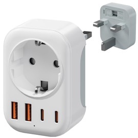 Bigfish Adapter England Germany Plug with 2 USB-C & 2 USB-A (3.4A), UK Adapter, UK Type G Travel Adapter for EU to England/Scotland/Ireland/Dubai/Maldives