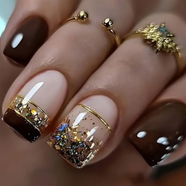 Square Press on Nails Short Fake Nails Brown French Tip Fall False Nails with Glitter Sequins Line Design Full Cover Acrylic Glue on Nails Glossy Artificial Stick on Nails for Women Manicure 24Pcs