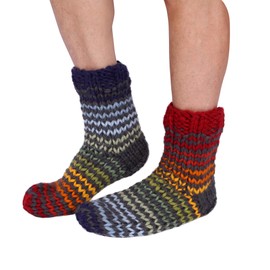 Pachamama Women 100% Wool Bed Sofa Socks Handknitted Stripe Navy Multicoloured Medium 4-7 Handmade Extra Warm