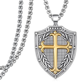 Hantuorui Armor of God Necklace Sterling Silver Gold Plated Cross Necklace Knights Templar Crusader Religious Christian Jewelry for Men