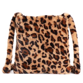 Women Leopard Print Clutch Handbag Plush Faux Fur Tote Bag Gold Metal Chain Shoulder Crossbody Purse(Coffee A)