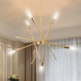 Modern 6-Lights Gold Sputnik Chandelier Dimmable Adjustable Height Contemporary Pendant Light Fixture for Dining Room Mid Century Farmhouse Mental Ceiling Light Fixture for Kitchen Island LivingRoom