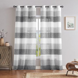 Central Park Gray Charcola Stripe Sheer Color Block Window Curtain Panel Linen Texture Window Treatment for Bedroom Living Room Farmhouse 102 Inches Long with Grommets, 40"x102"x2