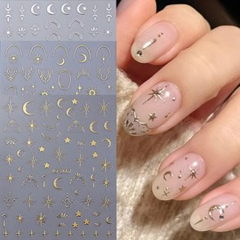 12 Sheets Metallic Moon Star Nail Art Stickers Decals Luxury Golden Silver Nail Stickers Sun Stars Moon Nail Art Design with Starlight Moon Charm Nail Adhesive Sliders for Women Manicure Decoration