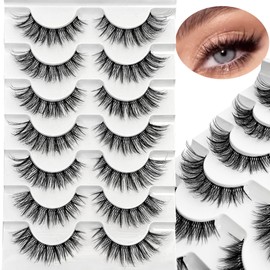 Ninglash Wispy Lashes Strips False Eyelashes Clear Band Natural Look 14mm Faux 3D Mink Lashes 7 Pairs Fluffy Cat Eye Lash Pack