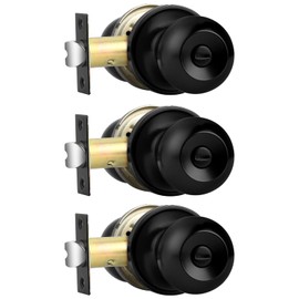 Probrico Round Flat Black Privacy Door Knobs Keyless Locks for Bedroom Bathroom, Stainless Steel Bath/Bed Door Handles,3 Pack
