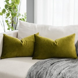 QUAFOO Olive Decorative Lumbar Velvet Throw Pillow Covers 16x24 inch Set of 2 with Zipper Luxury Soft Solid Rectangle Cushion Covers Case for Sofa Couch Bed Living Room