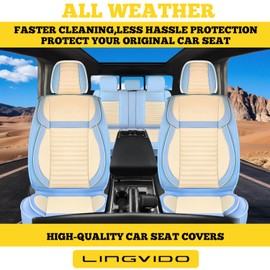 LINGVIDO Car Seat Covers, Breathable and Waterproof Faux Leather Automotive Seat Covers for Cars SUV Truck Sedan,Universal Anti-Slip Seat Cover with Backrest (Front Seat, White & Light Blue)