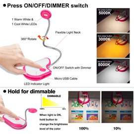 LUXSWAY Rechargeable Reading Book Light for Kids,3 Colors Reading Light for Books in Bed,Clip-On Book Night Light for Bed with Flexible Gooseneck,Cute Bookmark Light with Dimmable for Bookworms-Red