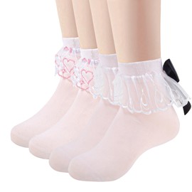 2 Pairs White Lace Ankle Socks Ruffle Frilly Socks for Women,Women's White Top Opaque Ruffled Nylon Anklet Socks Coquette Socks,Trim Bobby Sock Lolita Socks With Black Satin Black Bow for Girls