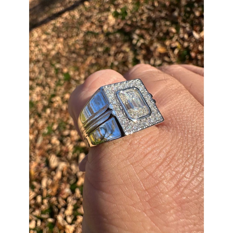 Harlembling Big 2.6ct Emerald Cut MOISSANITE Solitaire Mens Real Solid