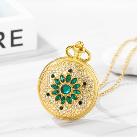 JewelryWe Women Gold Pocket Watch: Elegant Quartz Analog Green Rhinestone Flower Case Arabic Numerals Scale Girls Luxury Vintage Hunter Watches Gift with Sweater Chain Necklace