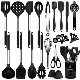 NCUE 28 Pcs Silicone Cooking Utensils Set with Holder, Spatula Set, Silicone Whisk, Scissors, Measuring Cups and Spoons Set with Stainless Steel Handle Kitchen Gadgets (Black)