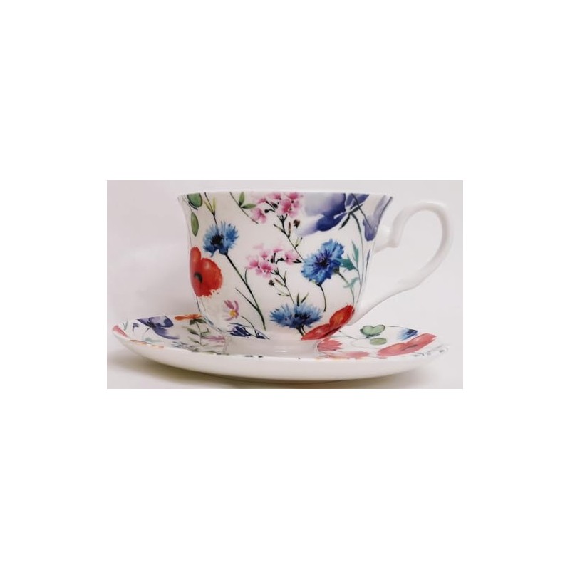 Wildflowers Meadow Tea Cup and Saucer Set Fine Bone China