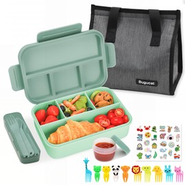 Bugucat Bento Lunch Box 1300ML with Lunch Bag, Kids & Adult Lunch Box with Cutlery, Snack Boxes with Sauce Box & 10 x Fruit Fork, Bento Box with Compartments for School Kindergarten Office, BPA-Free