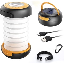 GlobaLink LED Camping Lamp, Foldable Solar Camping Lantern, Energy Bank with 2 Charging Methods (Solar/USB) and 3 Light Modes for Camping, Fishing, Emergency, Includes Survival Bracelet with Whistle