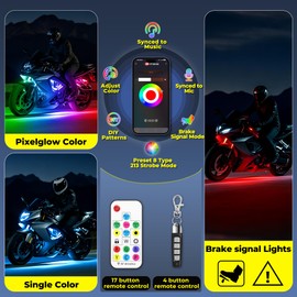 18PCS Motorcycle Led Lights with Brake Turn Signal, Underglow Light Kits with DITRIO APP/RF Remote Control, Dual Zone,Waterproof,12V Pixelglow Led RGB Lights for Motorcycles, Golf Carts, ATVs, UTVs
