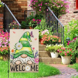 Heyfibro Welcome Spring Gnome Garden Flag 12x18 Inch Double Sided Burlap, Spring Summer Daisy Flower Butterfly Garden Flags for Seasonal Holiday Farmhouse Yard Outdoor Decor(ONLY FLAG)