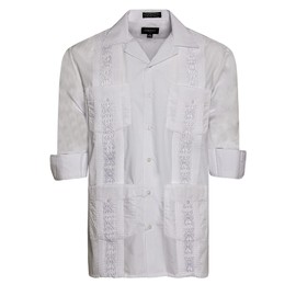 OmegaTux Men's Cuban Guayabera Long Sleeve Shirts Wedding Cigar Beach Bartender Casual (White, XL)