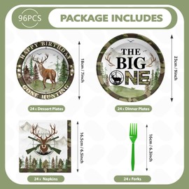 96Pcs Hunting Camo Birthday Party Decorations Hunting Camo Party Plates Disposable The Big One Paper Tableware Set for Hunting Themed 1st Birthday Party Gone Hunting Party, Serves 24