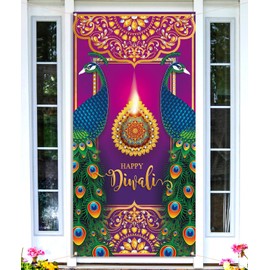 Nepnuser Happy Diwali Door Cover Diwali Decoration for Home Peacock Deepavali Indian Festival of Lights Decor Backdrop Door Hanging Banner (Purple)