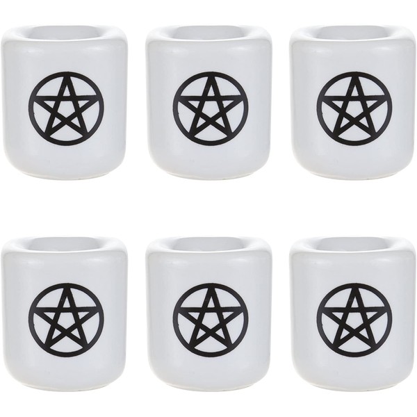 Mega Candles 6 pcs Ceramic Black Pentacle Chime Ritual Spell on White Candle Holder, Great for Casting Chimes, Rituals, Spells, Vigil, Witchcraft, Wiccan Supplies & More