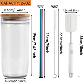 ASANMEYO 2 Pcs 24 oz Glass Cups With Bamboo Lids and Straws & 2 Airtight Lids, Reusable Smoothie Cups Mason Jar Drinking Glasses Iced Coffee Cups Glass Tumbler for Bubble Tea, Juice, Gift