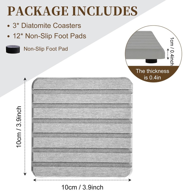 4PCS Gray Diatomite Tray Set, Water Absorbing Stone Coasters for
