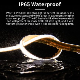 PAUTIX COB LED Strip Light IP65 Waterproof CRI90+,20ft/6.1m 5000K Natural White 3087LEDs High Lumen Super Bright 24V Tape Light for Home Kitchen Office DIY Lighting Project(Power Supply Not Included)