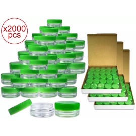 Beauticom 2000 Pieces 3Gram/3ml Plastic Round Clear Sample Jar Containers with Green Lids